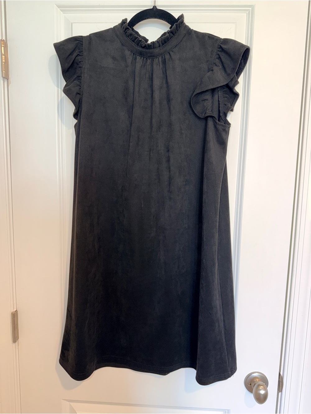 Voy Black Vegan Suede Wila Ruffle Sleeve Shift Dress with Tie-Back Boe Closure S - Picture 3 of 5
